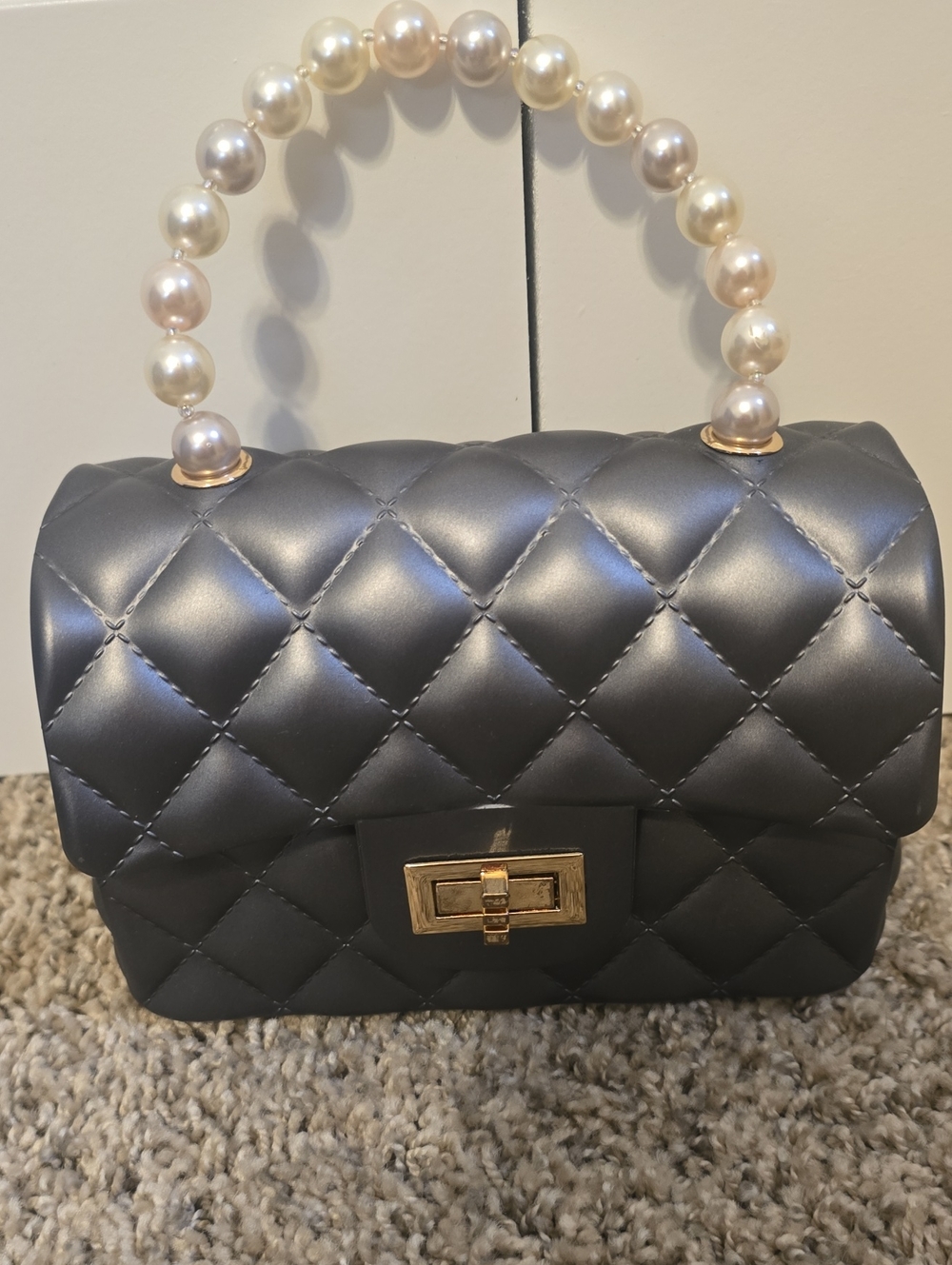 Pearl-Handle Quilted Top-Handle Bag in Black